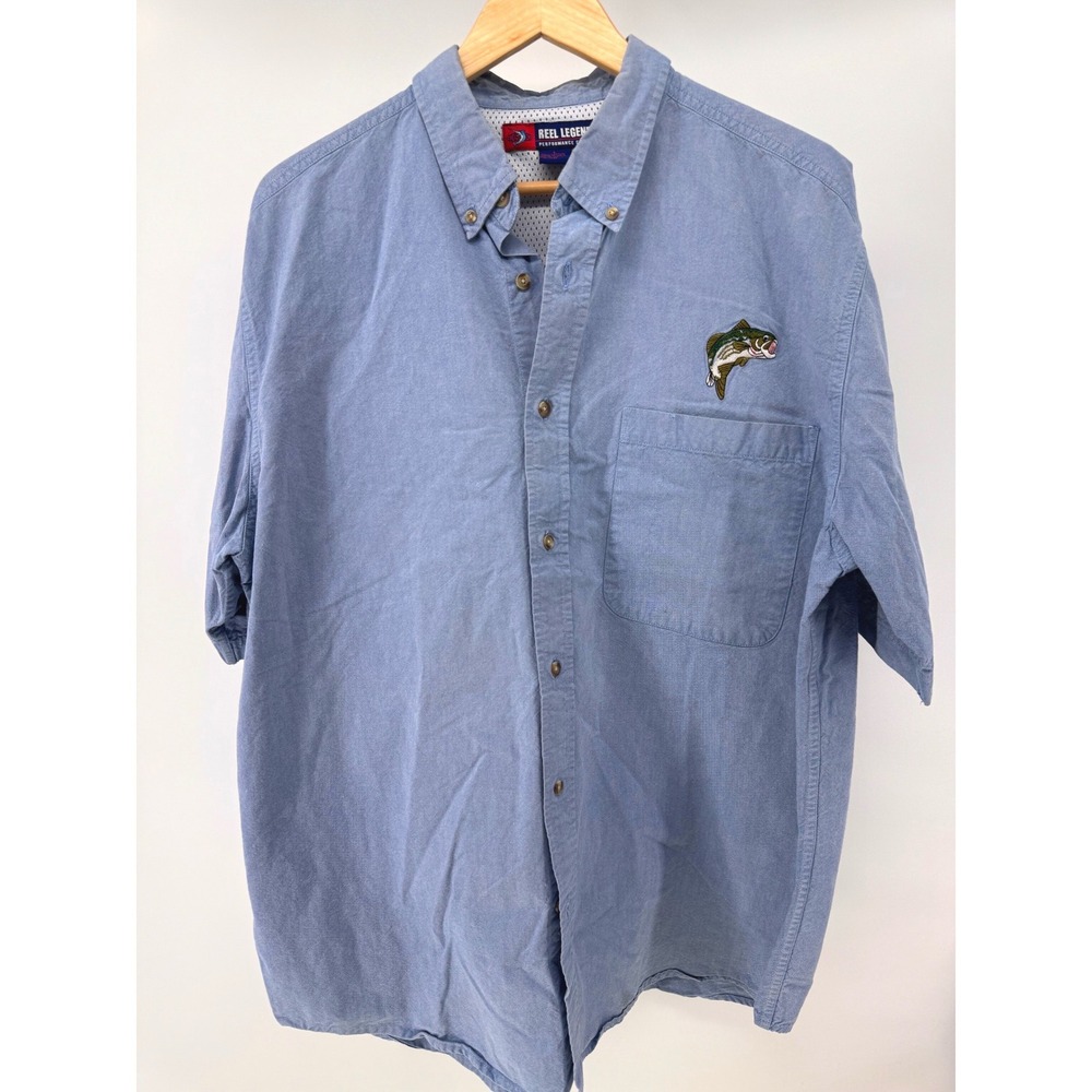 Reel Legends Vented Performance Shirt Mens L Fish Embroidered Button Up Denim